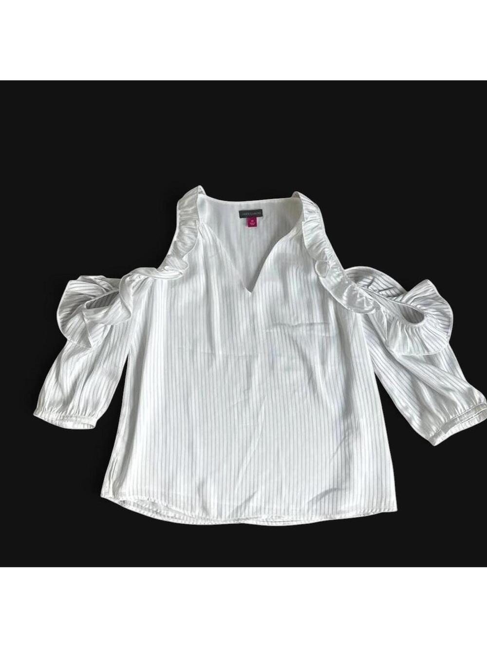 White Vince Camuto silk blouse vertical stripes open shoulder ruffle sleeves XS